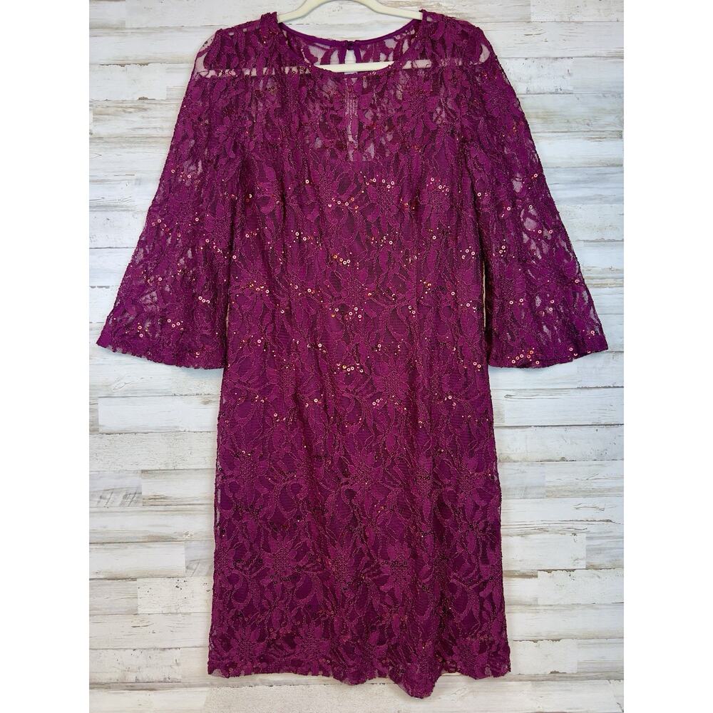 Leslie Fay Burgundy Sequined Lace Dress Sz 14 3/4 Length Flair Bell Sleeves